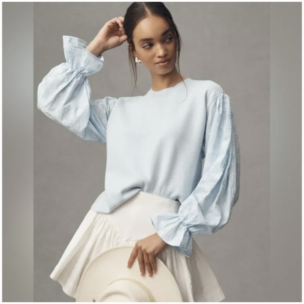 Anthropologie Puff Sleeve‎ Light Blue Eyelet Sleeve Crewneck Sweater XS